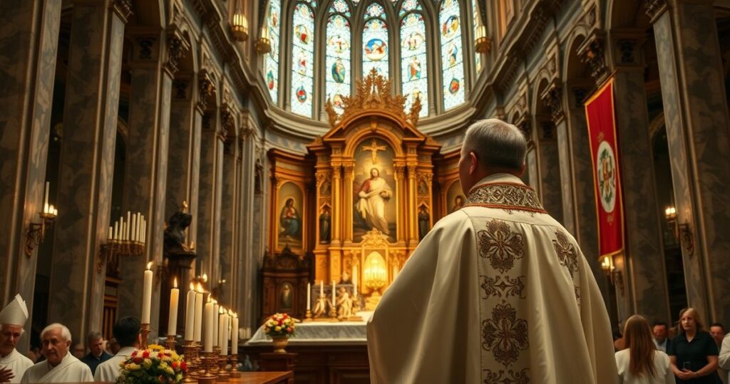 Rekwizyty liturgiczne, kapłan w ornacie, ołtarz, świątynia, atmosfera modlitewna, religijna, patriotyczna, kontemplacyjna, poważna