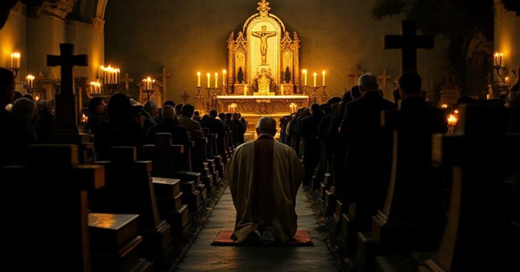 Tradycyjna katolicka msza pogrzebowa w Campo Verano z modlitwą za zmarłych