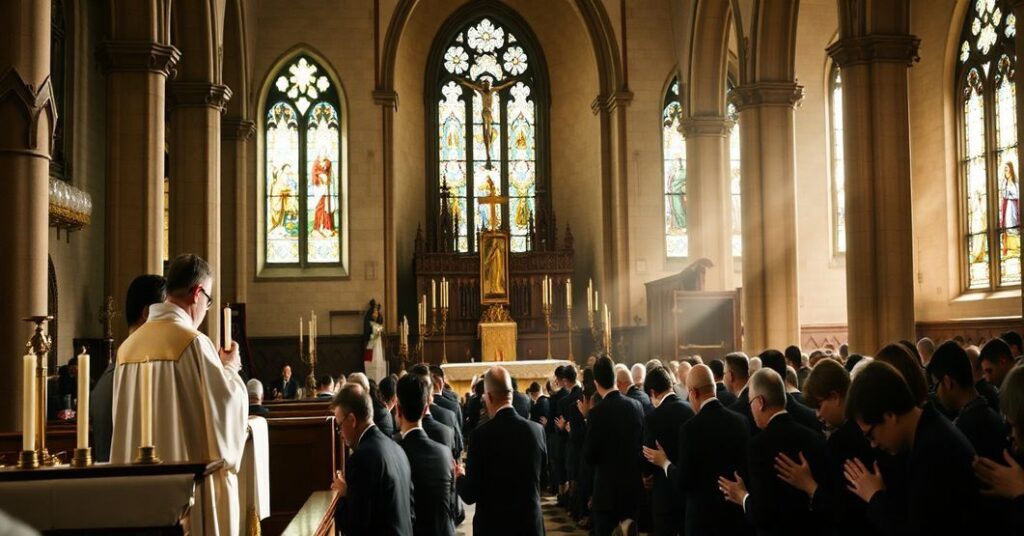 Tradycyjna katolicka msza pogrzebowa w historycznym kościele z księdzem w sutannie i surpelu modlącym się przy ołtarzu otoczonym świecami i krzyżem.