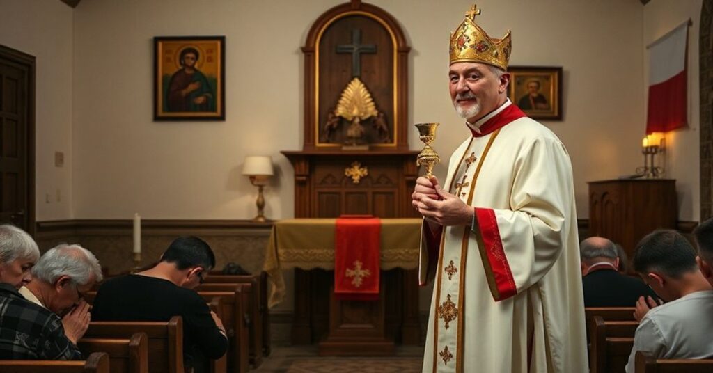 Sobór tradycyjnych katolików z Polonią w kaplicy z kapłanem trzymającym monstrans z Najświętszym Sakramentem.