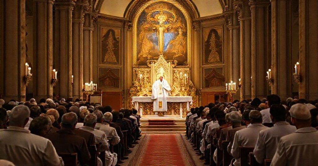 Stary kościół z tradycyjną mszą św. według rytu trydenckiego, kapłan w białych szatach przy ołtarzu otoczony pokornymi wiernymi.