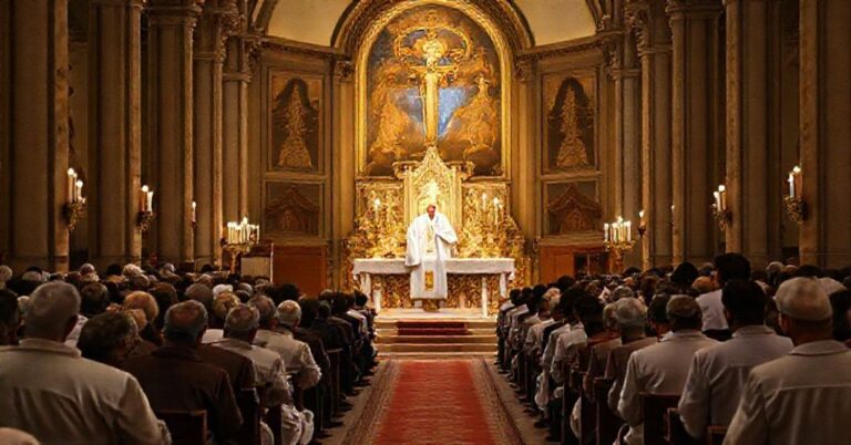 Stary kościół z tradycyjną mszą św. według rytu trydenckiego, kapłan w białych szatach przy ołtarzu otoczony pokornymi wiernymi.