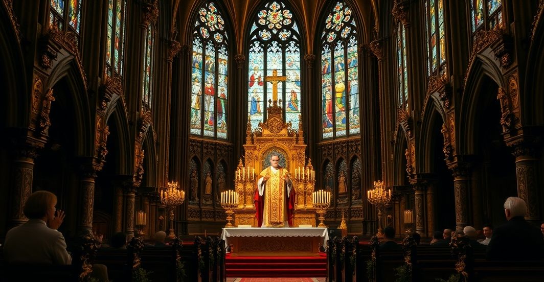 Tradycyjna Msza w rycie trydenckim - katolicka liturgia Fotografia realistyczna ukazująca tradycyjną Mszę w rycie trydenckim, z kapłanem w ornatach celebrującym Ofiarę, podkreślającą powagę i wierność katolickiej doktrynie.