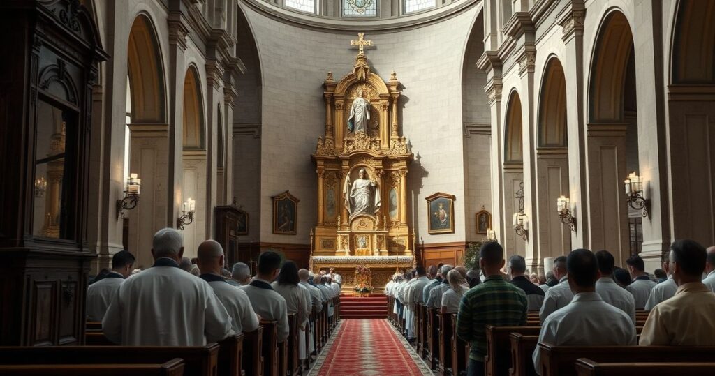 Sanktuarium katolickie podczas liturgii Mszy Świętej w rycie trydenckim, wierni modlący się przed tabernakulum, pełne skupienia i pobożności