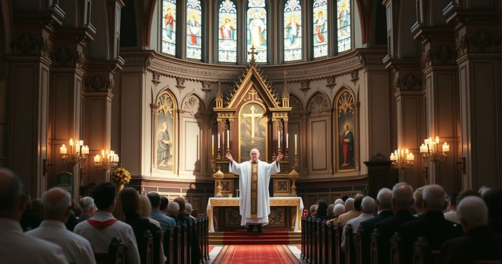 Ksiądz prowadzi mszę w katedrze, stojąc przed ołtarzem z krzyżem i świecami, z tłumem wiernych na tle witraży przedstawiających sceny religijne.