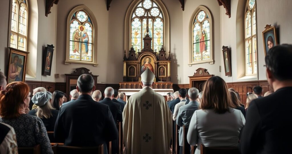 Tradycyjna katolicka msza w Estonii z kapłanem w szatach sedevakantystycznych, skupiona na modlitwie i wierze, w realistycznym, pełnym szacunku otoczeniu kościoła.