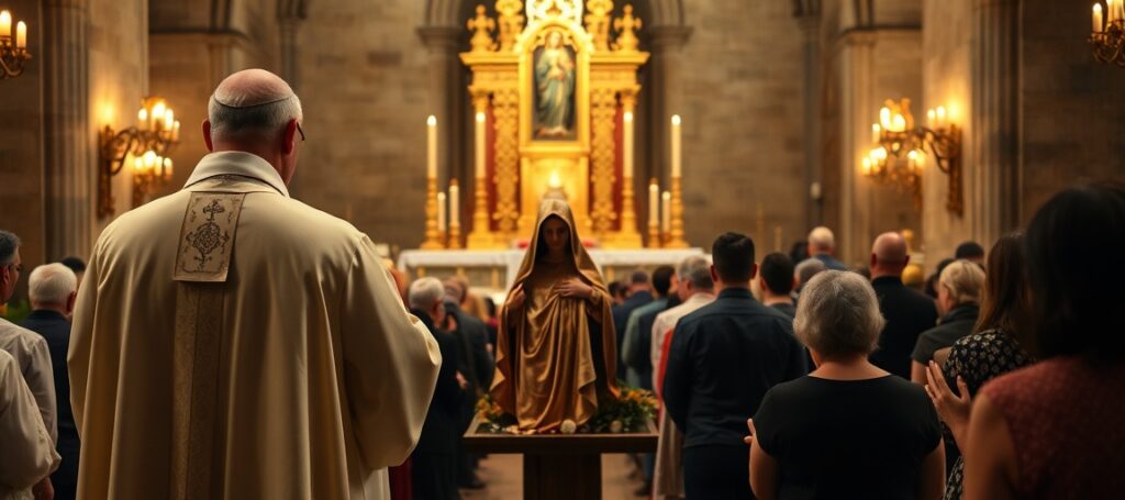 Uroczysta Msza celebrowana przez sedevacantystycznego biskupa w tradycyjnym kościele z procesją Matki Bożej Bolesnej – zdjęcie symbolizujące fałszywą bazylikę w Hałcnowie