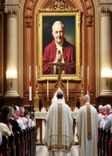 Kryzys Kościoła: Sedewakantyzm jako Jedyna Odpowiedź Tradycyjna katolicka wnętrze z uroczystą Mszą w Rytu Rzymskim z kapłanami w właściwych ornatach. Na tle widać portret Piusa XII, symbolizujący niezmienność wiary. Scena wyraża głęboką duchowość i walkę z modernistycznymi herezjami w Kościele.