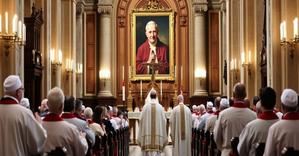 Tradycyjna katolicka wnętrze z uroczystą Mszą w Rytu Rzymskim z kapłanami w właściwych ornatach. Na tle widać portret Piusa XII, symbolizujący niezmienność wiary. Scena wyraża głęboką duchowość i walkę z modernistycznymi herezjami w Kościele.