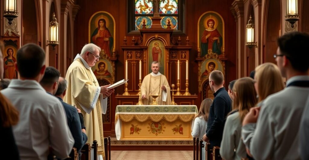 Tradycyjna msza św. w kościele katolickim, z akcentem na prawdziwe nauki Kościoła, w contraście z nowoczesnymi deformacjami.