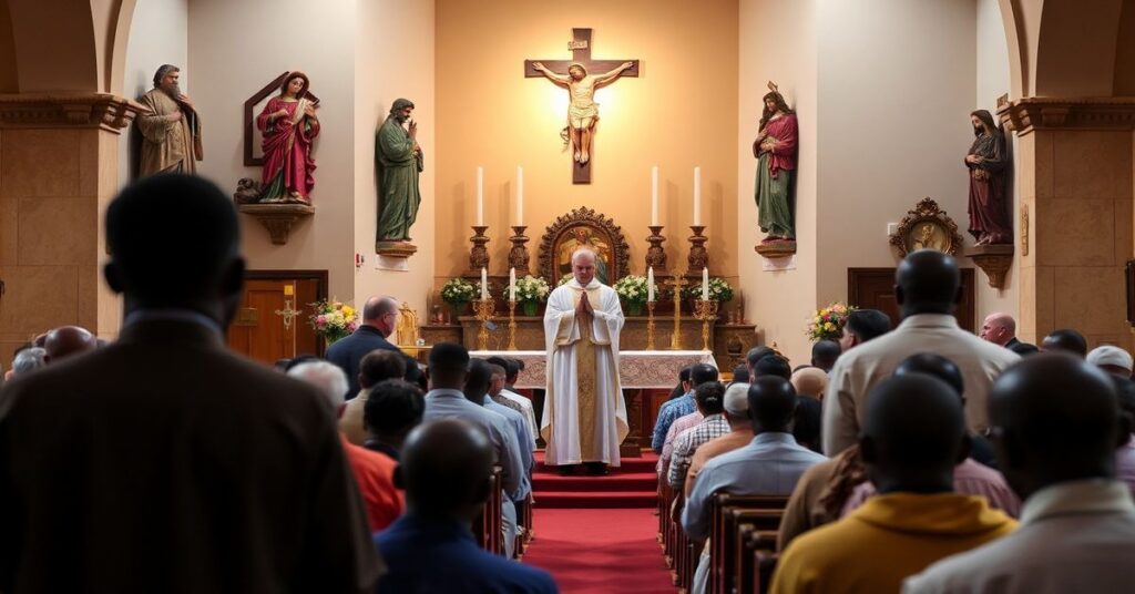 Tradycyjna katolicka msza św. w Afryce z kapłanem w sutannie i wagantami przy ołtarzu