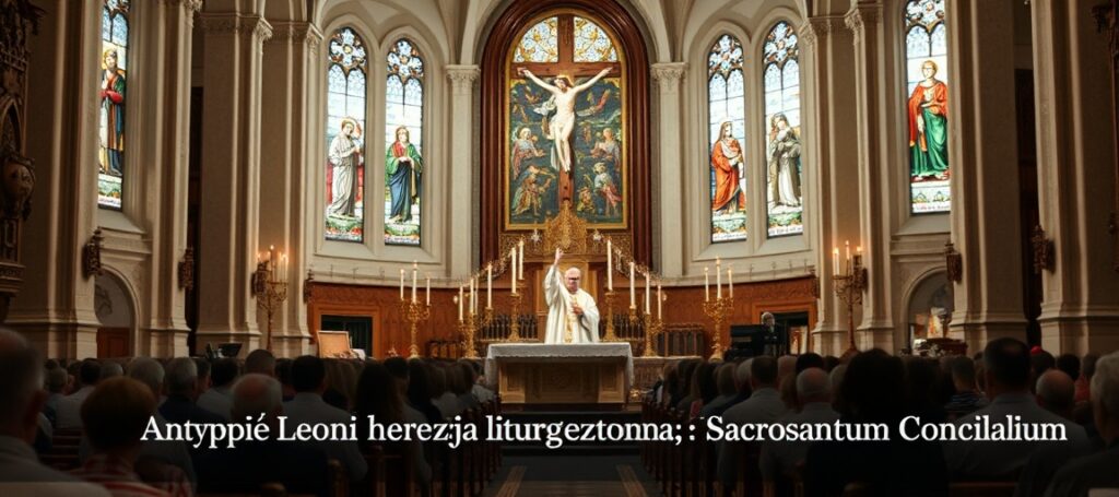 Tradycyjna msza św. w rzymskim obrządku w kościele katolickim ze zgromadzonymi wiernymi klęczącymi podczas konsekracji.