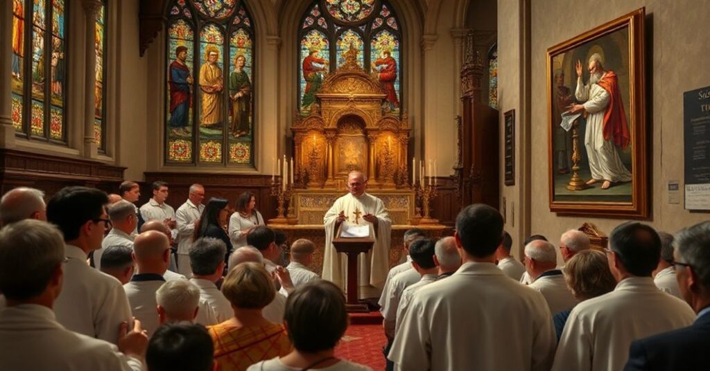 Tradycyjna Msza św. z chórem śpiewającym gregoriański w kościele z witrażami i ołtarzem ze świecami.