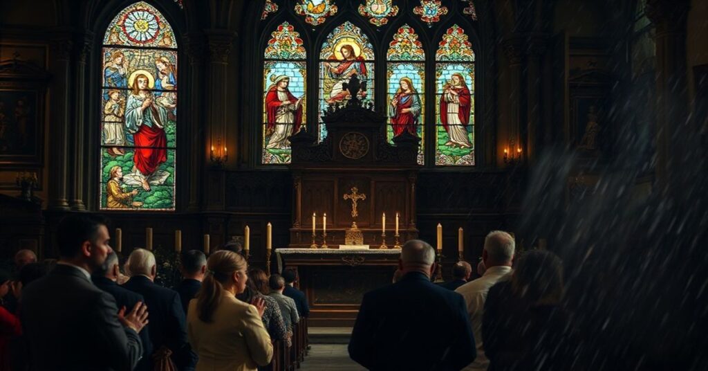 Tradycyjna msza św. w kościele katolickim z rodziną modląca się na pierwszym planie, przy tabernakulum.