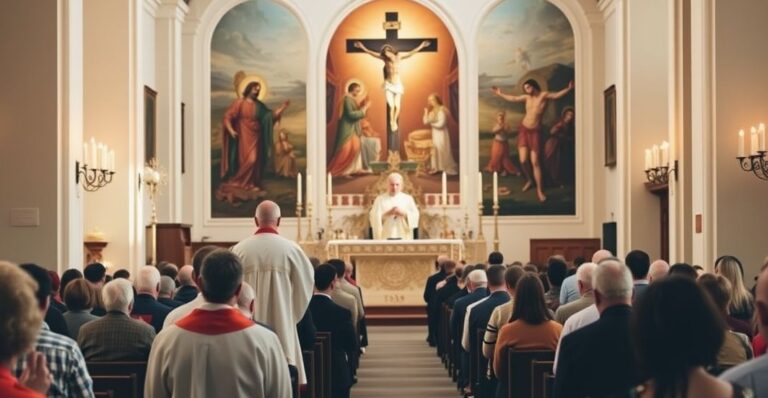 Tradycyjna katolicka msza św. z kapłanem w ornatach i zbirami w modlitwie, podkreślająca wiarę i tradycję