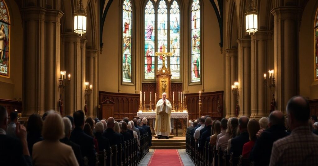 Sobór katolicki w tradycyjnym kościele z kapłanem w pełnym stroju liturgicznym otoczonym wiernymi na kolanach