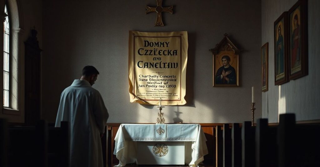 Tradycyjna msza św. w kaplicy z wyblakłym plakatem koncertu na rzecz Domów Dziecka im. Jana Pawła II na tle.