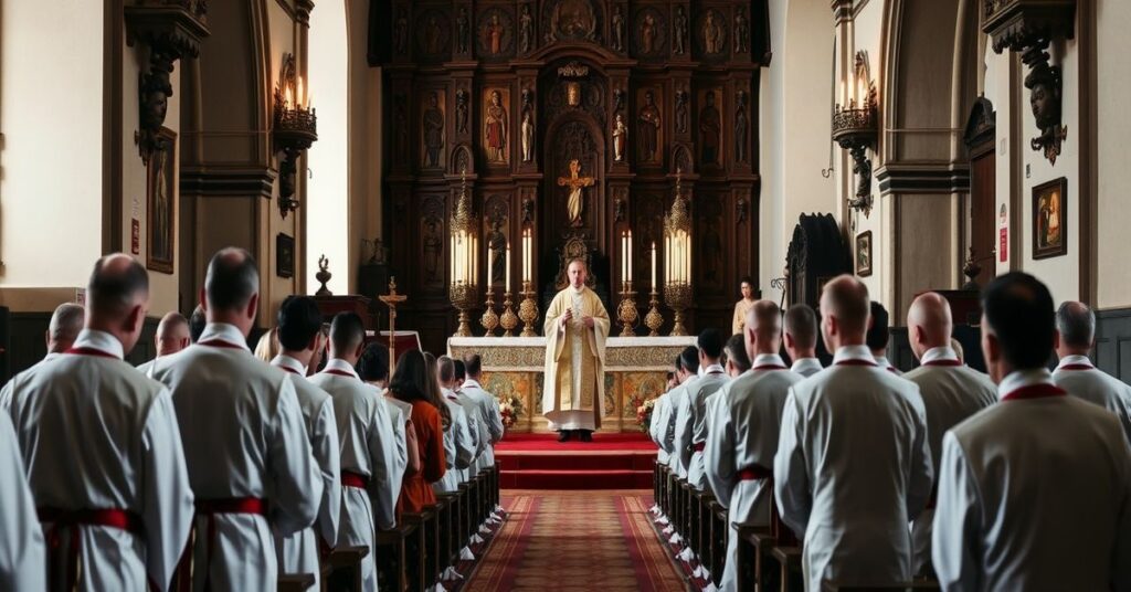 Tradycyjna Msza św. w kościele w Lublinie z młodymi ministrantami i lektorami w tradycyjnych szatach liturgicznych, modlącymi się przed ołtarzem.