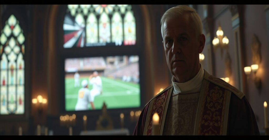 Ksiądz w tradycyjnych ornatach odprawiający Mszę św. w kościele z witrażami. Tło pokazuje telewizor z meczem baseballu i „Papieżem Leo” w modernistycznym uroczystości.