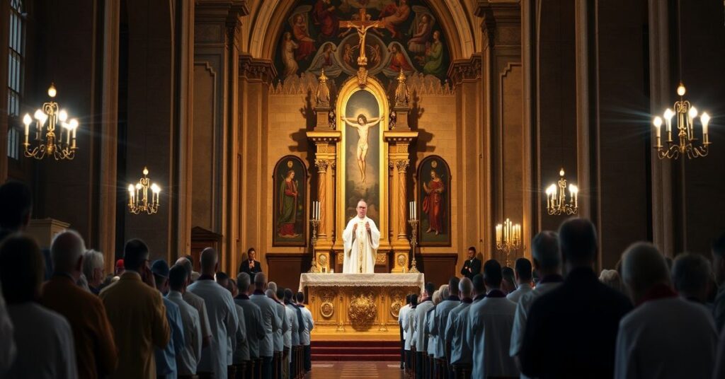 Tradycyjna katolicka msza św. w stylu łacińskim w historycznej rzymskiej bazylice, z kapłanem w ornatach i klęczącymi wiernymi