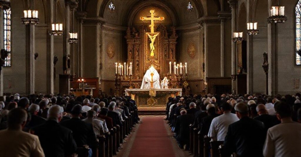 Tradycyjna msza św. w kościele z kapłanem w pełnym stroju liturgicznym i modlącymi się wiernymi.