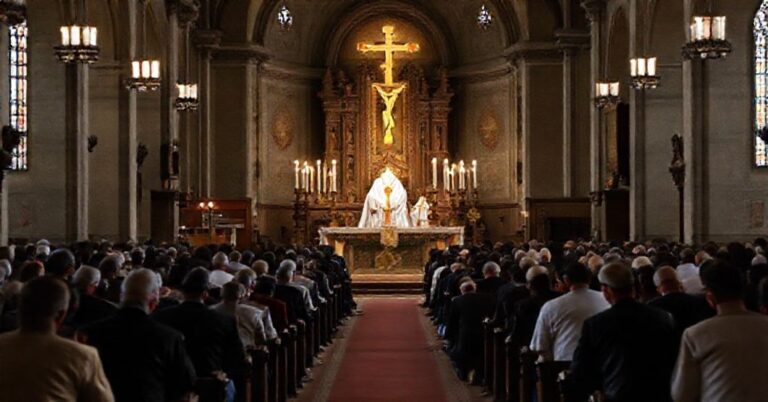 Tradycyjna msza św. w kościele z kapłanem w pełnym stroju liturgicznym i modlącymi się wiernymi.
