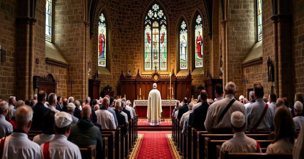 Tradycyjna katolicka Msza św. w stylu trydenckim w historycznym kościele.