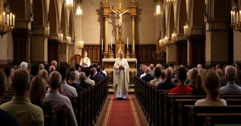Tradycyjna Msza św. w kaplicy uniwersyteckiej z modlącymi się studentami.