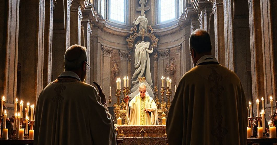 Tradycyjna msza św. w bazylice św. Piotra w Rzymie, z akcentem na liturgiczną głębię i doktorancką integralność, przeciwko nowoczesnym kompromisom.