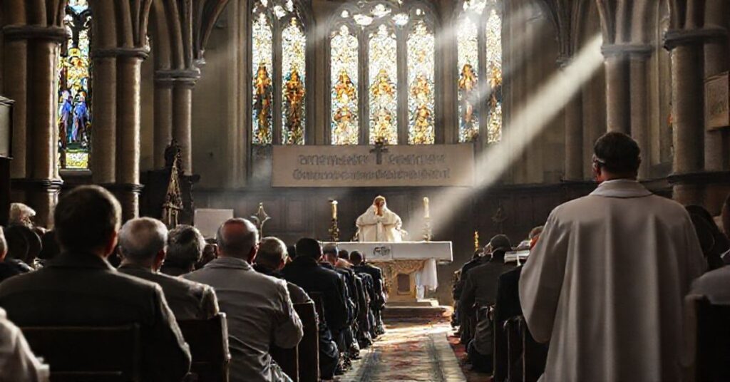 Uroczy tradycyjny rzymski obrządku Msza św. w kościele z wiernymi modlącymi się w głębokiej pokorze przed ołtarzem.