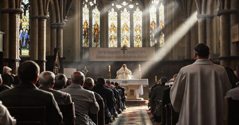 Uroczy tradycyjny rzymski obrządku Msza św. w kościele z wiernymi modlącymi się w głębokiej pokorze przed ołtarzem.