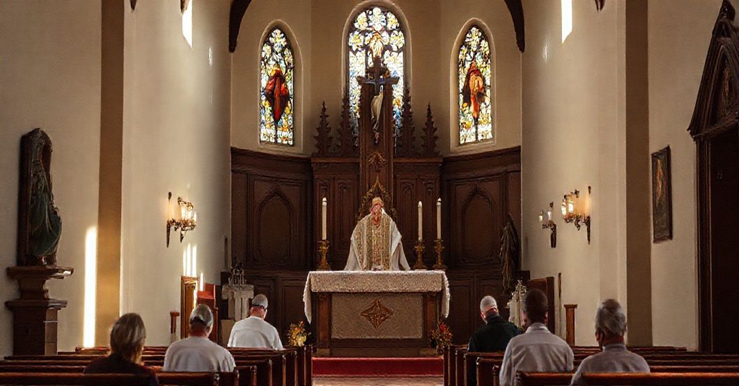 Tradycyjna msza św. w małej kaplicy z pielgrzymami modlącymi się przed ołtarzem