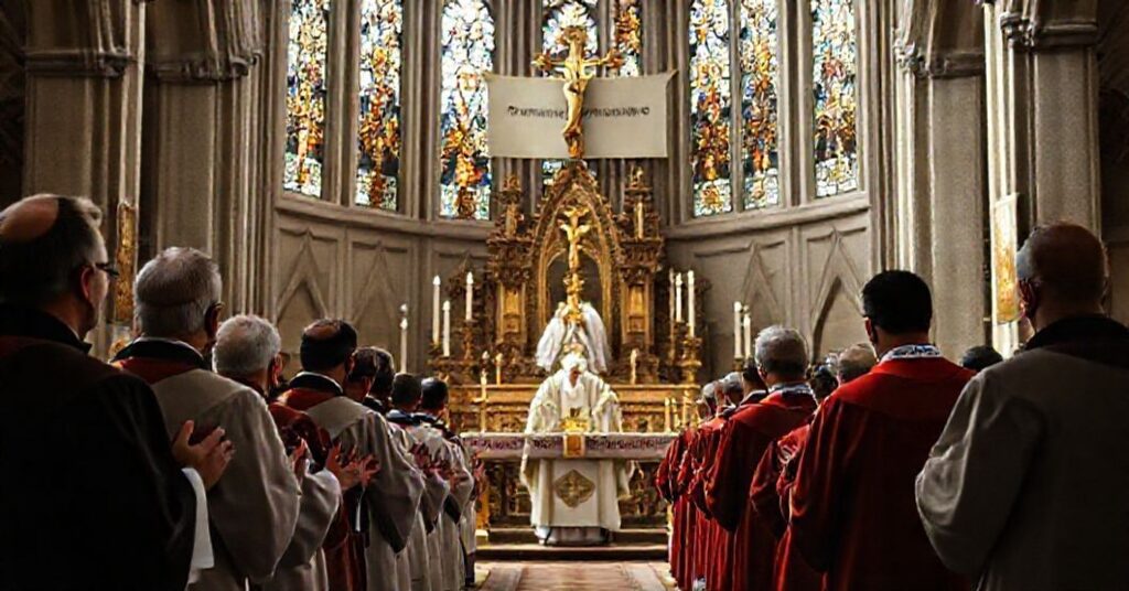 Poważna wnętrza tradycyjnego kościoła katolickiego z duchownymi w tradycyjnych szatach liturgicznych podczas Mszy św. w rydze tradycyjnym. Scena jest namalowana w delikatnym świetle przechodzącym przez witraże.