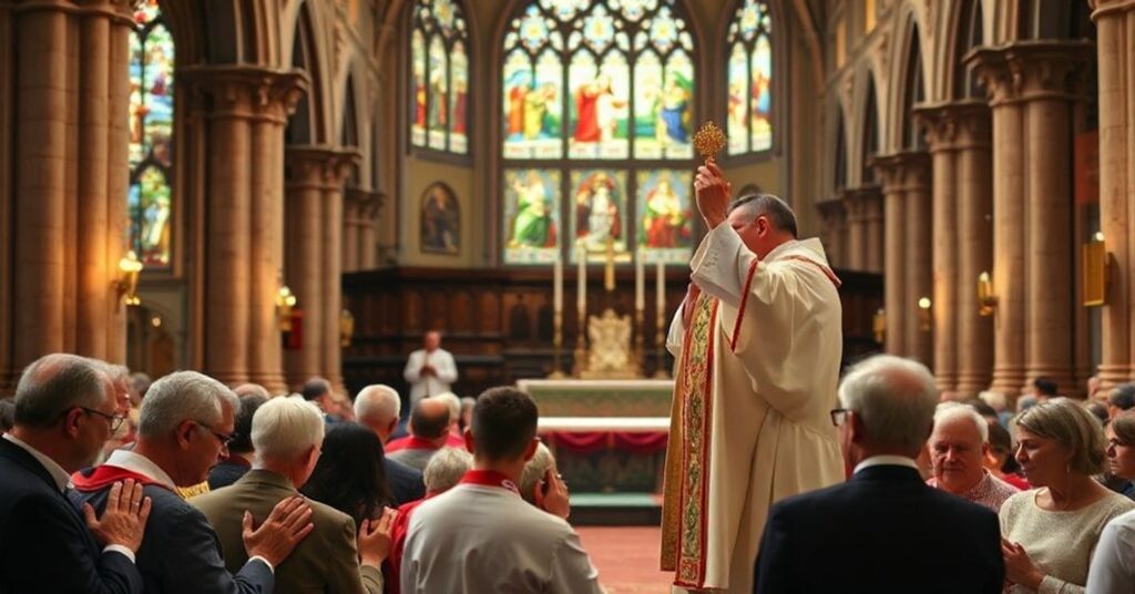 Tradycyjna msza św. w kościele z kapłanem podnoszącym Hostię podczas Konsekracji.