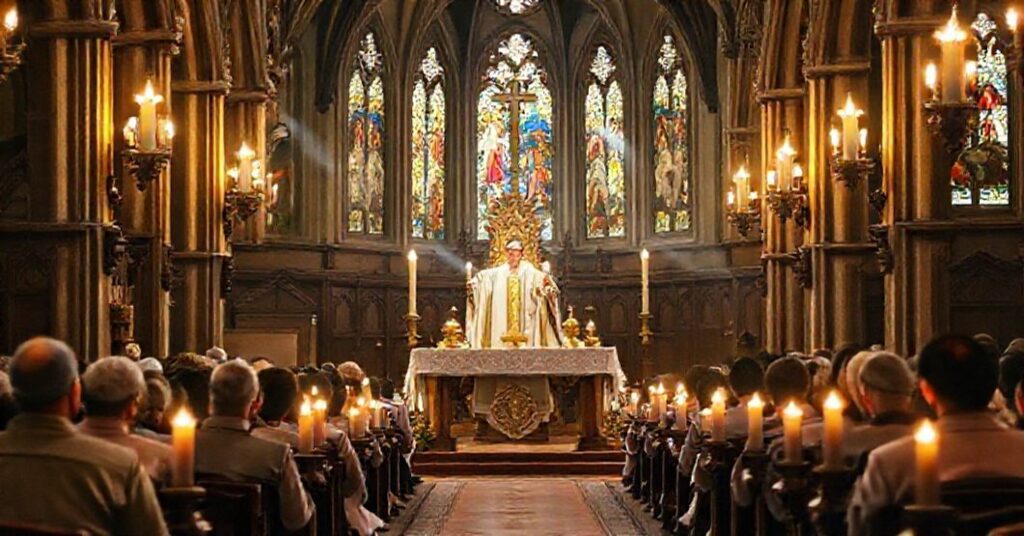 Tradycyjna Msza św. w kościele katolickim z podniesioną hostią podczas konsekracji. Scena wypełniona wiernymi klęczącymi w modlitwie.