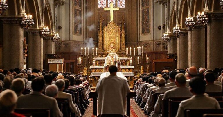 Tradycyjna msza św. w kościele katolickim z kapłanem w liturgicznych szatach i modlącym się wiernym.