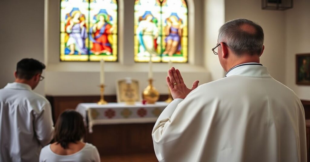 Tradycyjna msza św. w rytach św. Piusa V celebrowana przez księdza w modlitewnym kaplicy z wiernymi modlącymi się w głębi