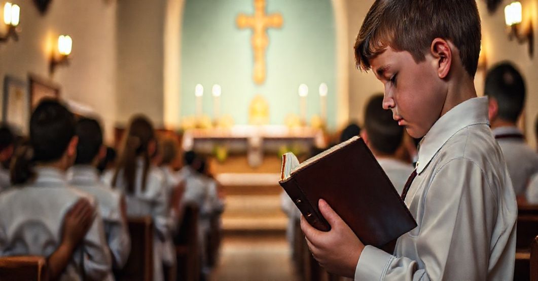 Tradycyjna Msza św. w rytach trydenckich w katolickiej szkole, uczniowie modlący się z modlitewnikami, kaplica ozdobiona krzyżem i płonącymi świecami.