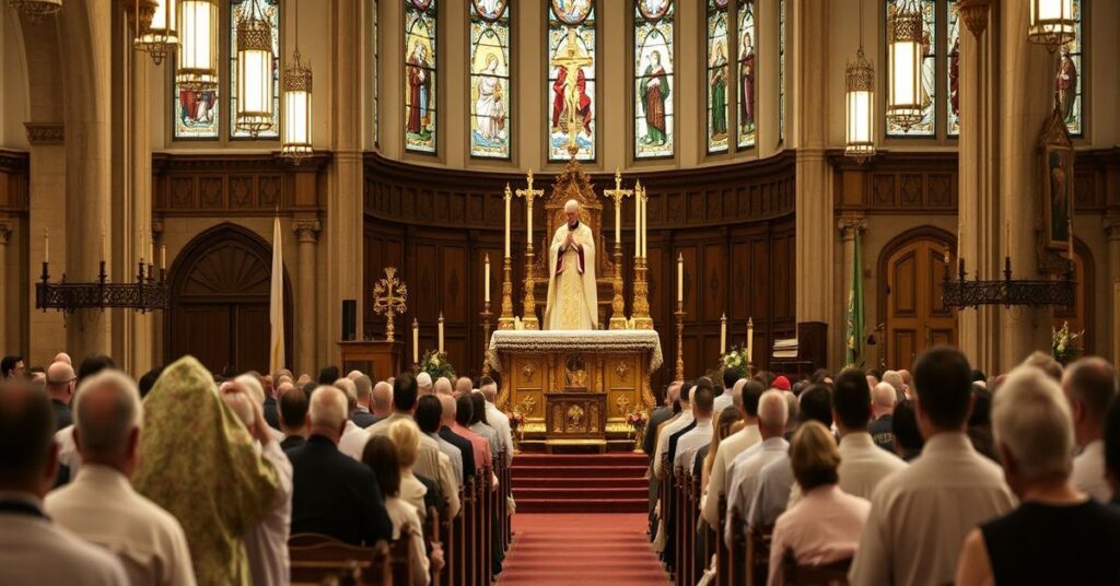 Tradycyjna Msza św. w kościele katolickim z kapłanem w pełnym stroju liturgicznym i wiernymi modlącymi się na kolanach.