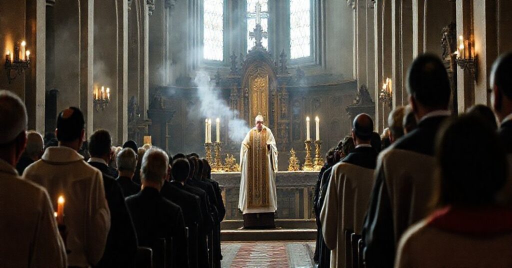 Tradycyjna katolicka msza św. w rzymskim obrzędzie z grupą pielgrzymów modlących się w katedrze.