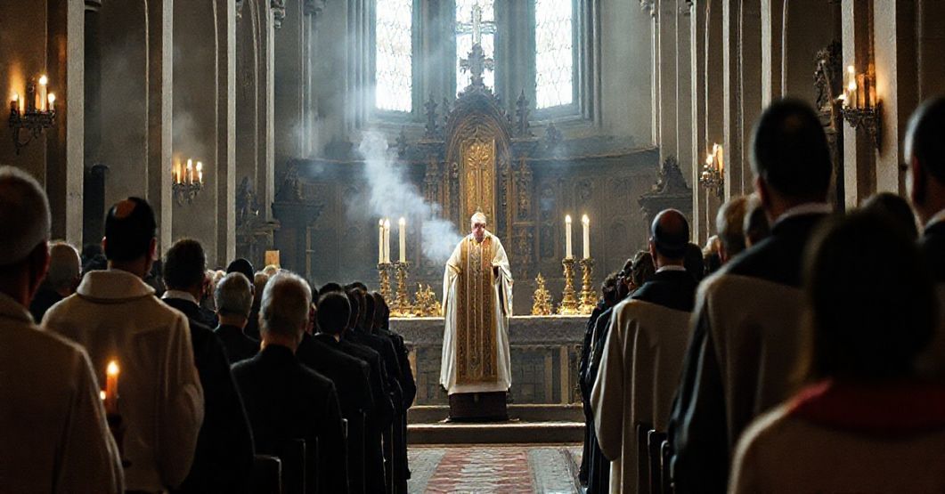 Tradycyjna katolicka msza św. w rzymskim obrzędzie z grupą pielgrzymów modlących się w katedrze.