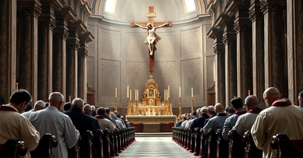 Tradycyjny katolicki obraz Mszy Świętej w bazylice św. Piotra z wiernymi modlącymi się przed krzyżem.