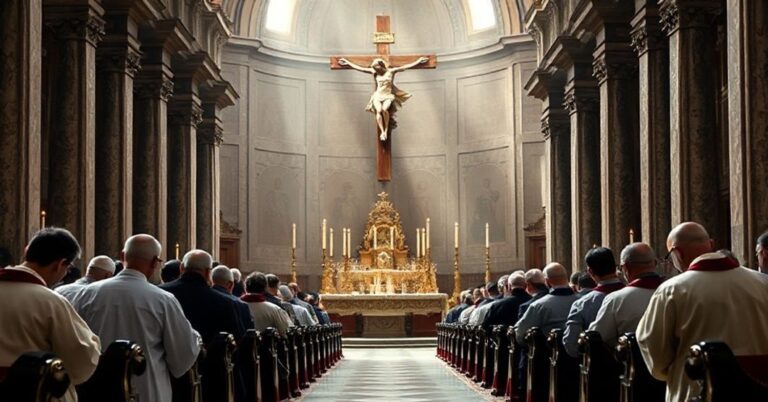 Tradycyjny katolicki obraz Mszy Świętej w bazylice św. Piotra z wiernymi modlącymi się przed krzyżem.