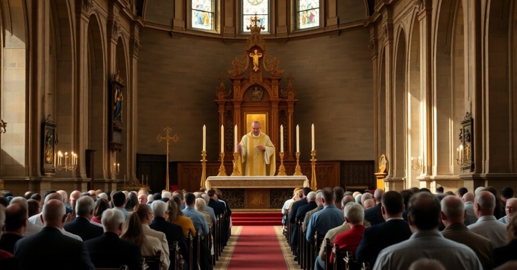 Tradycyjna katolicka msza święta w historycznej kościele z kapłanem w liturgicznych szatach i oddającą się modlitwie społecznością