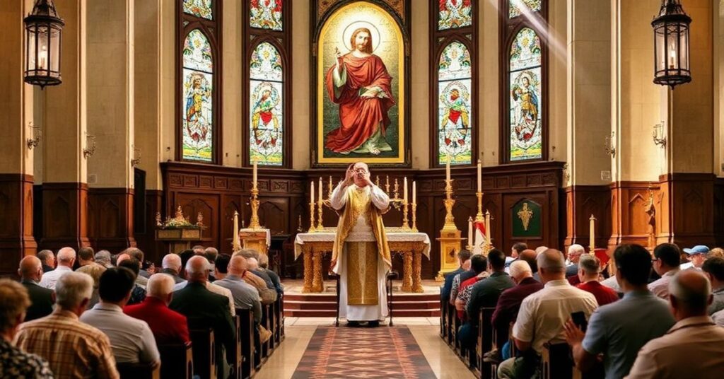 Tradycyjna katolicka msza święta z kapłanem celebrowanym rytem trydenckim w świątyni ołtarz ozdobiony świecami i symbolami religijnymi