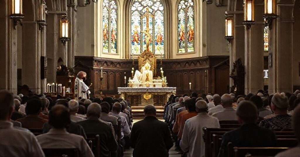 Wnętrze tradycyjnego kościoła katolickiego z celebracją Mszy Trydenckiej przez kapłana w ornatach. Wierni modlący się klęcząc w atmosferze głębokiej pobożności.