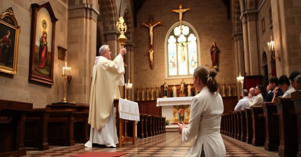 Tradycyjna Msza Święta w kościele - kapłan podnosi Hostię podczas konsekracji, kobieta modli się na kolanach