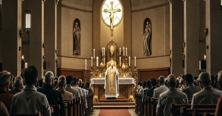 Tradycyjna msza święta w katolickim kościele, z kapłanem w tradycyjnych ornatach i wierzącymi klęczącymi w modlitwie, z ołtarzem dekorowanym świecami i sakralnymi naczyniami.