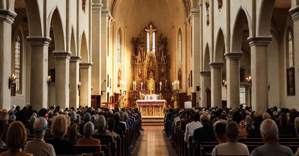 Tradycyjna katolicka liturgia w tradycyjnym kościele z modlącymi się wiernymi i łacińską mszą św.