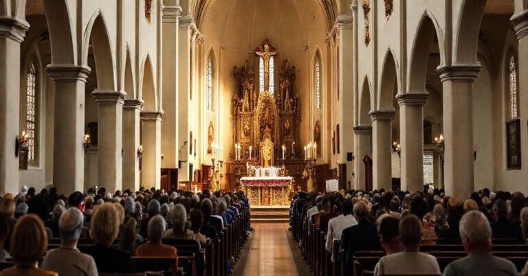 Tradycyjna katolicka liturgia w tradycyjnym kościele z modlącymi się wiernymi i łacińską mszą św.